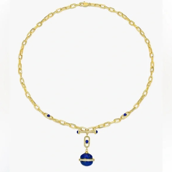 NEW 18K Gold Plated Blue Natural Stone Lapis Lazuli Round Globe Oval Necklace